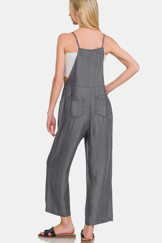Zenana Washed Adjustable Strap Wide Leg Denim Overalls - THE AMERICAN BLUE