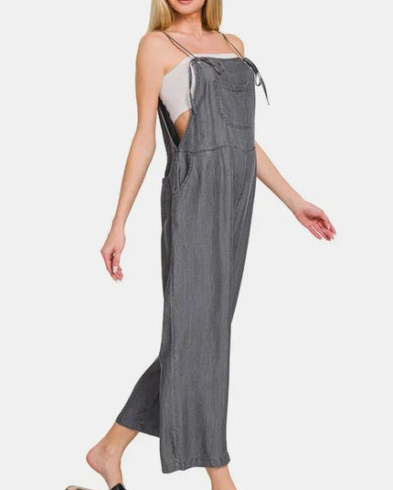 Zenana Washed Adjustable Strap Wide Leg Denim Overalls - THE AMERICAN BLUE