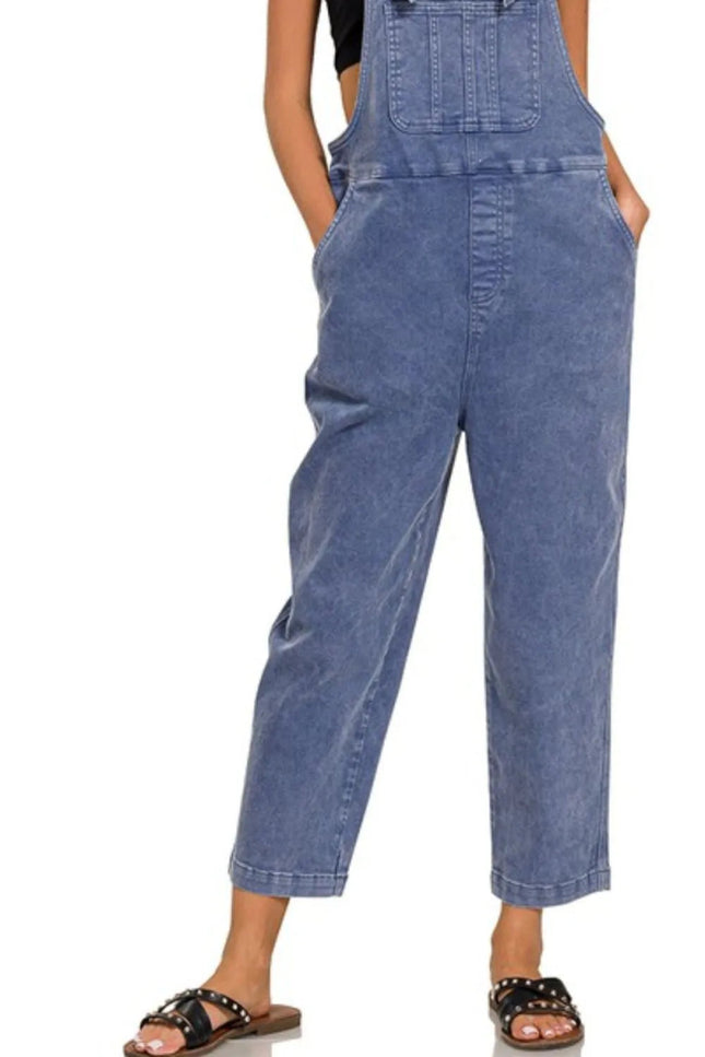 Zenana Washed Knot Strap Relaxed Fit Overalls - THE AMERICAN BLUE