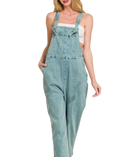 Zenana Washed Knot Strap Relaxed Fit Overalls - THE AMERICAN BLUE