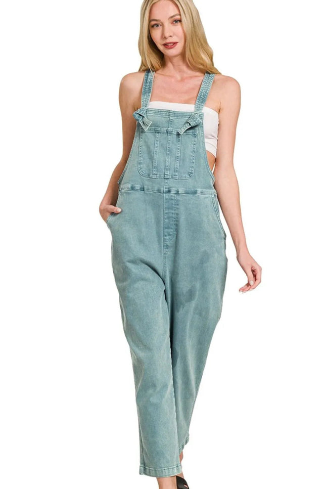 Zenana Washed Knot Strap Relaxed Fit Overalls - THE AMERICAN BLUE