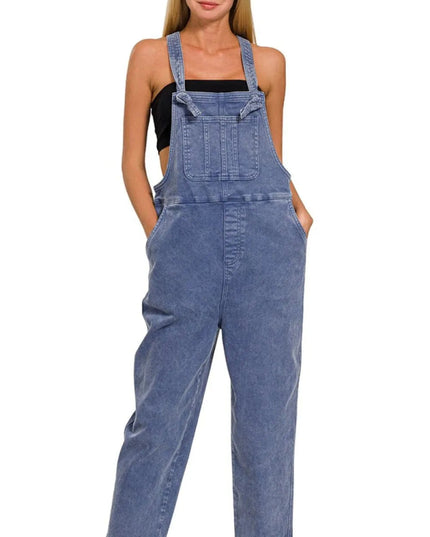 Zenana Washed Knot Strap Relaxed Fit Overalls - THE AMERICAN BLUE