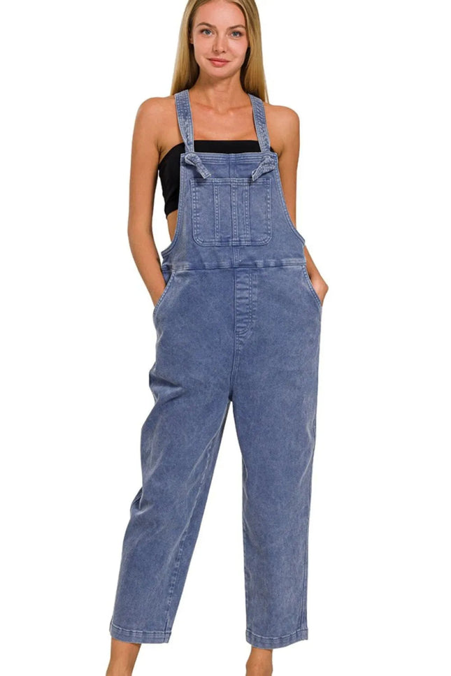 Zenana Washed Knot Strap Relaxed Fit Overalls - THE AMERICAN BLUE