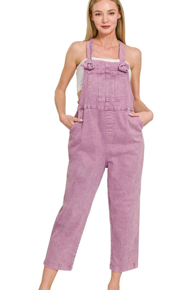 Zenana Washed Knot Strap Relaxed Fit Overalls - THE AMERICAN BLUE