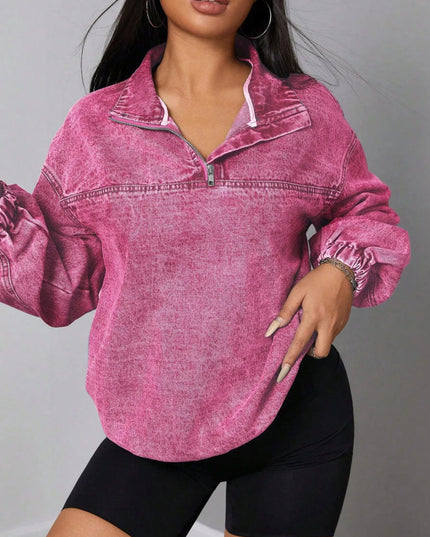 Zip Collar Long Sleeve Denim Top - THE AMERICAN BLUE