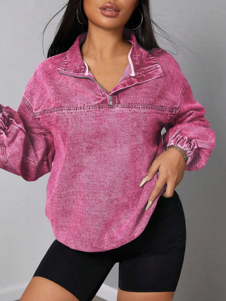 Zip Collar Long Sleeve Denim Top - THE AMERICAN BLUE