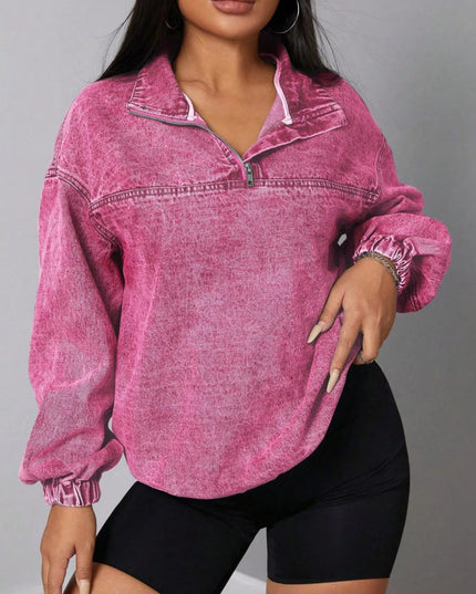 Zip Collar Long Sleeve Denim Top - THE AMERICAN BLUE