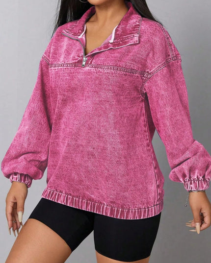 Zip Collar Long Sleeve Denim Top - THE AMERICAN BLUE